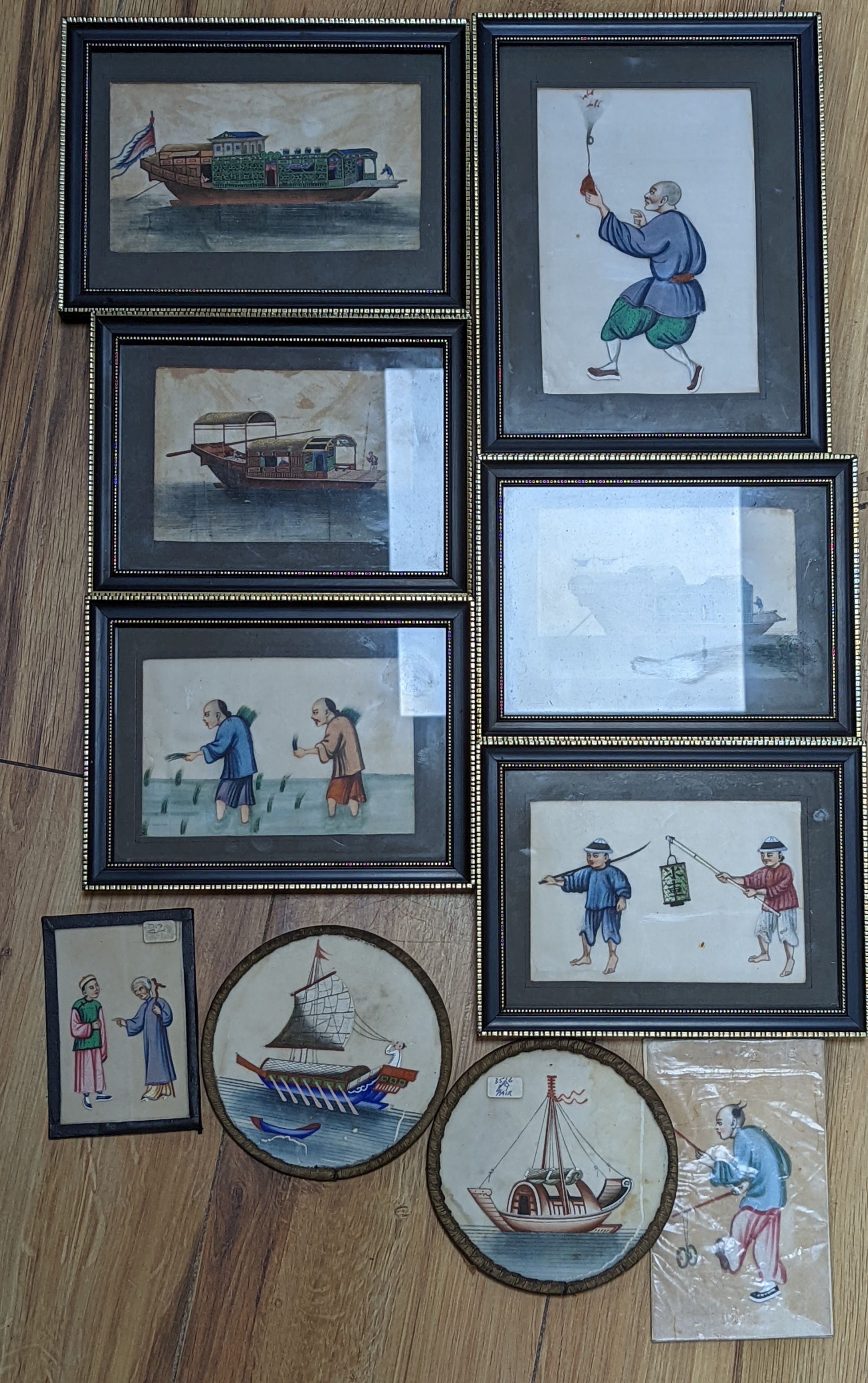 A group of ten assorted Chinese gouache on pith paper paintings, Studies of figures and junks, largest 15 x 10cm